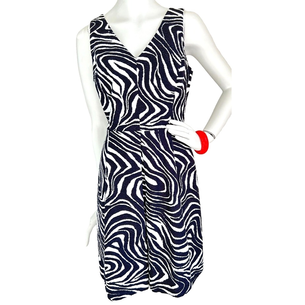Banana Republic Black White Abstract Animal Print Sleeveless Pleated Dress 8 EUC